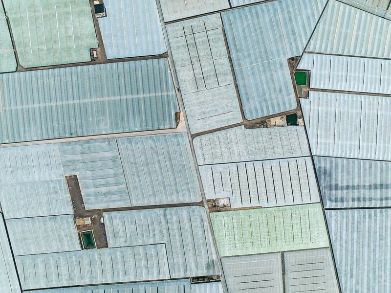 Masses of shimmering plastic greenhouses near El Ejido, aerial view, drone shot, Almería province, Andalusia, Spain, Europe