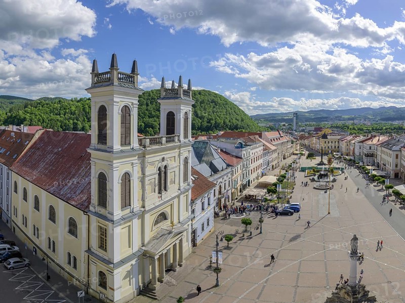 View of the Cathedral of St. Francis Xavier and the main square from the clock tower, Banská Bystrica, Banskobystrický kraj, Slovakia, Europe