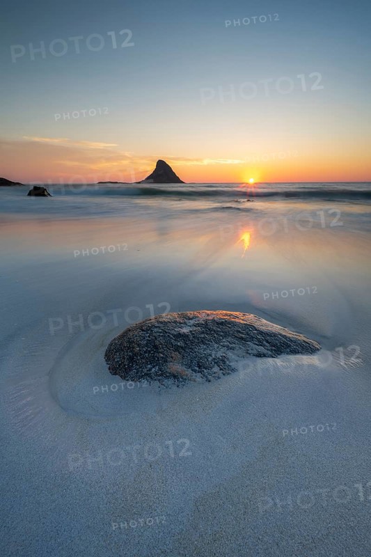 Sandy beach beach with island in the sea near Bleik, sunset, Andoya Island, Vesterålen, Northern Norway, Norway, Europe