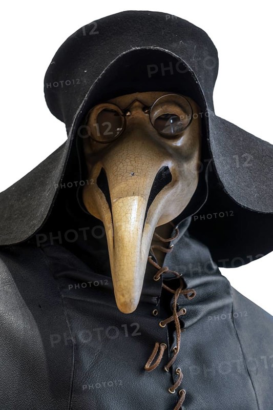 Black wide-brimmed hat, overcoat and beaked mask for plague doctor to treat victims of bubonic plague during epidemic on white background