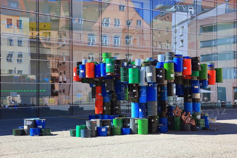 In the historic centre of Nuremberg, art with barrels in front of the Neues Museum Nuremberg, State Museum of Art and Design, Middle Franconia, Bavaria, Germany, Europe