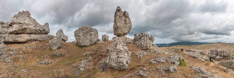 Strangely shaped rocks in the chaos of Nimes le Vieux in the Cevennes National Park. Fraissinet-de-Fourques, Lozere, France, Europe