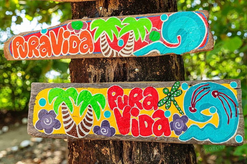 Sign with the life motto Pura Vida, Santa Teresa, Nicoya Peninsula, Guanacaste, Costa Rica, Central America