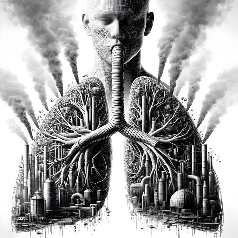 Air Pollution city and people suffers lung disease. Industrial pollution. Industrial smoke. Human lungs. AI generated