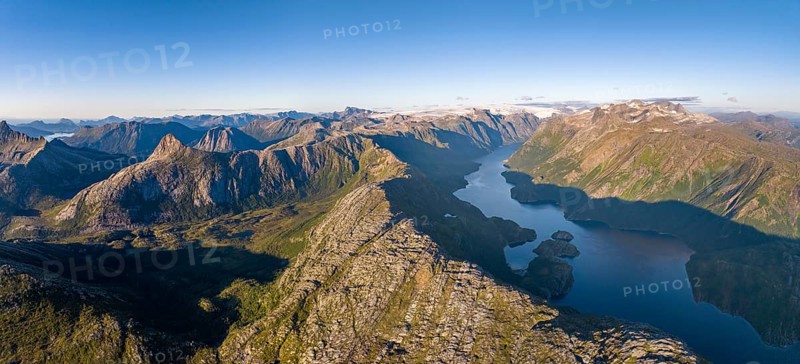 View from Seiskallåfjellet into the Nordfjorden and the surrounding mountains, Svartisen glacier in the background, Saltfjellet Svartisen National Park, Helgeland coast, Rødøy, Nordland, Norway, Europe