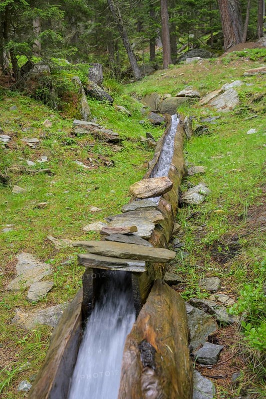 Wooden channel of the Kandelwaal, Martell, South Tyrol, Italy, Europe