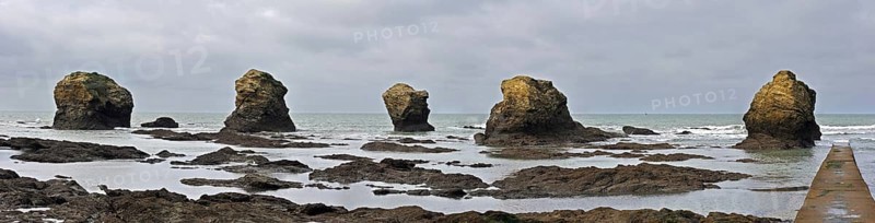 Sea stacks at the Plage des Cinq Pineaux at Saint-Hilaire-de-Riez, La Vendée, Pays de la Loire, France, Europe