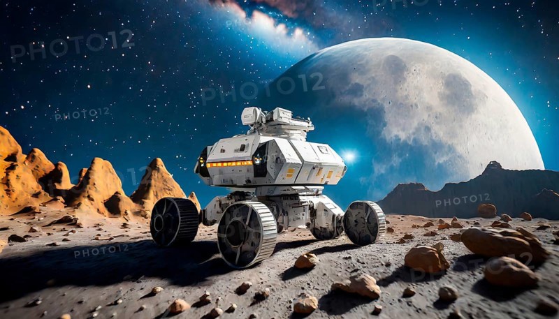 Science fiction, space travel, a robotic vehicle Luna Rover exploring the moon, AI generated