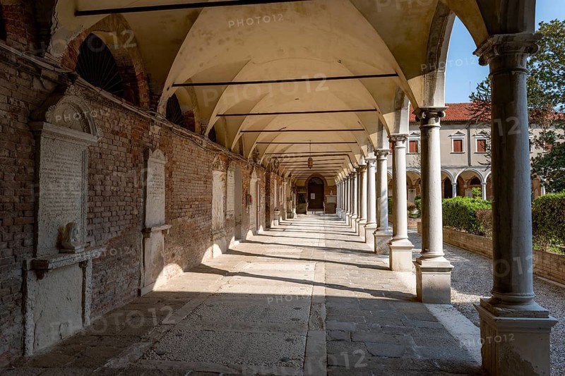 Cloister with tombs, church Chiesa di San Michele in Isola, cemetery island of San Michele, Venice, Italy, Europe
