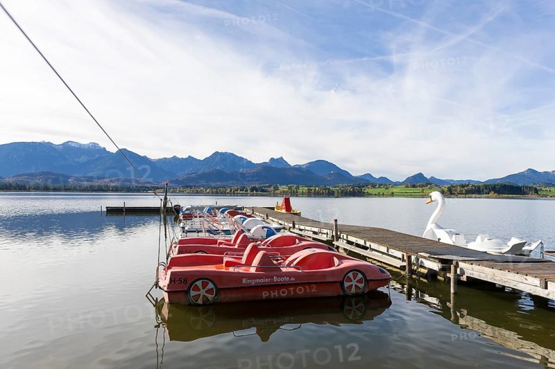 Boat rental at the Hopfensee, pedal boats, Allgäu Alps, Hopfen am See, Ostallgäu, Bavaria, Germany, Europe
