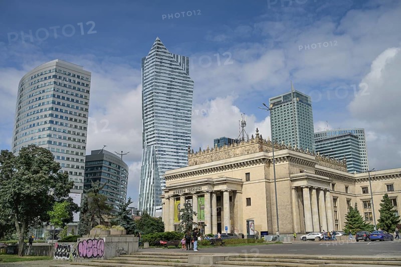 High-rise buildings on Emilii Plater, business district, in front of the Palace of Culture, Palac Kultury i Nauki, Warsaw, Mazowieckie Voivodeship, Poland, Europe