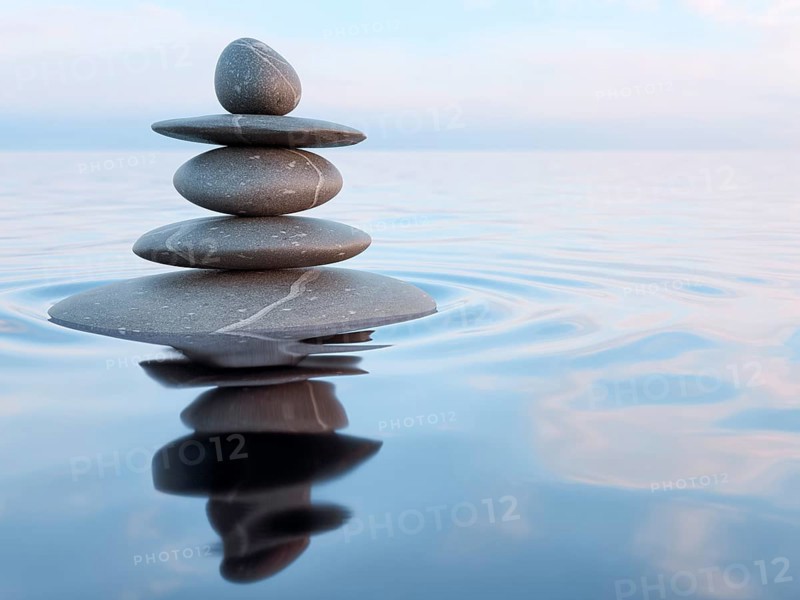 3d rendering of Zen stones in water with reflection, peace balance meditation relaxation concept