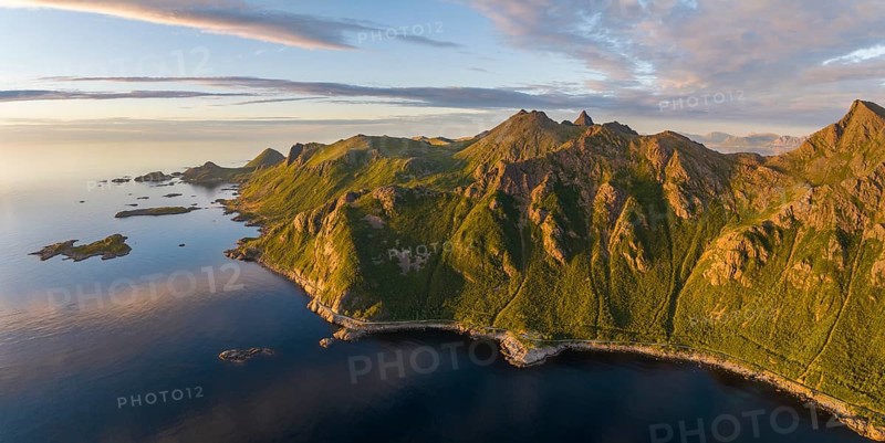 Mountains by the fjord in the evening, coast near Nyksund, Langøya Island, Vesterålen, Northern Norway, Norway, Europe