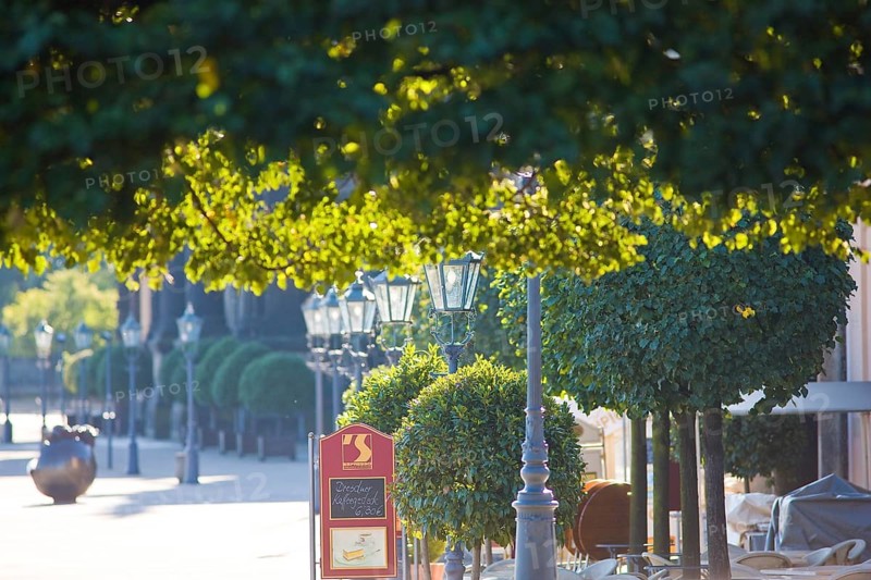 Lanterns in the morning light. Brühl's Terrace is an architectural ensemble and a tourist attraction in Dresden. The outdoor area stretches along the River Elbe on the Old Town side of Dresden and is also known as the Balcony of Europe
