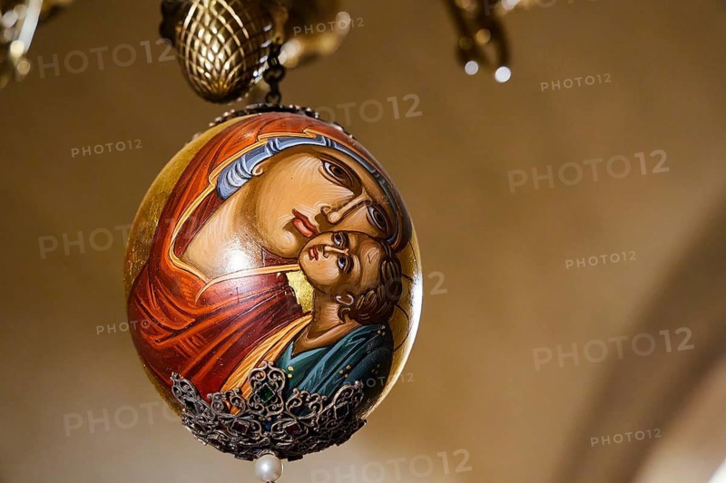 Macro, jewellery ball, Mother of God, Child Jesus, close, Panagias, Odigitrias, Gonias, Orthodox Monastery, Crete, Greece, Europe
