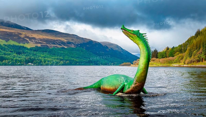Mythology, the mythical creature Nessie, the Loch Ness monster, in Loch Ness in Scotland, AI generated