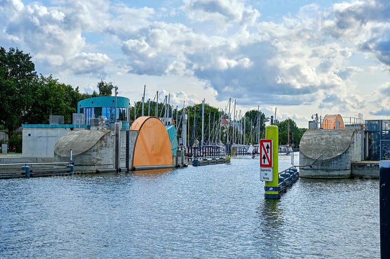 The Greifswald Wieck barrage, a storm surge protection facility, Hanseatic City of Greifswald, Mecklenburg-Western Pomerania, Germany, Europe
