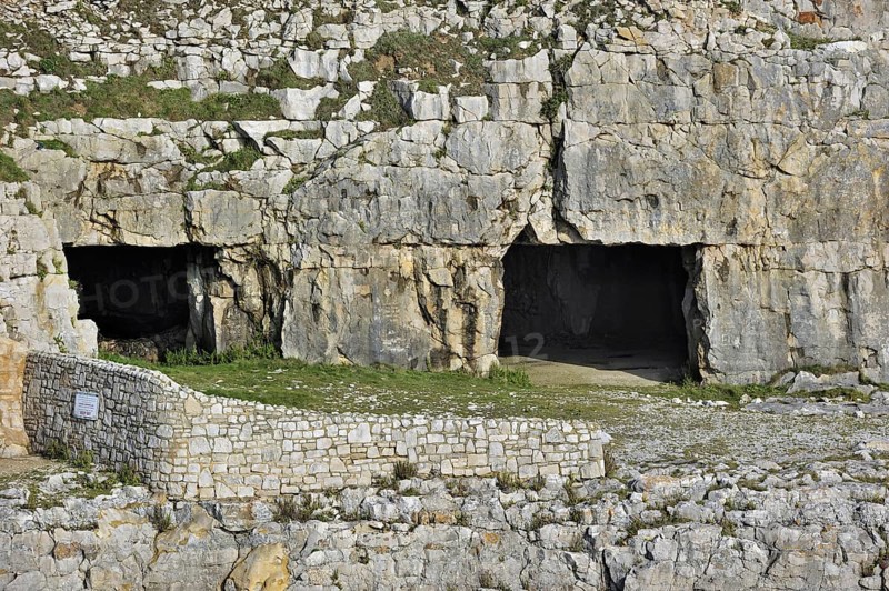 Tilly Whim quarry and caves at Anvil Point, Durlston Head on the Isle of Purbeck along the Jurassic Coast in Dorset, southern England, UK