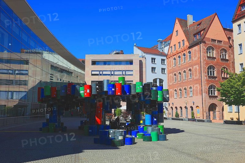 In the historic centre of Nuremberg, art with barrels in front of the Neues Museum Nuremberg, Middle Franconia, Bavaria, Germany, Europe