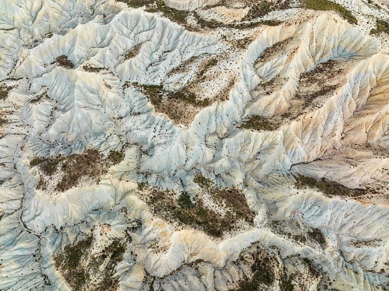 Bare ridges of eroded sandstone in the badlands of the Tabernas Desert, Europe's only true desert, aerial view, drone shot, Almería province, Andalusia, Spain, Europe