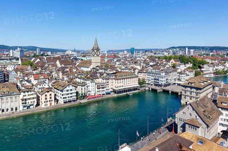 Zurich skyline from above with river Limmat in Zurich, Switzerland, Europe