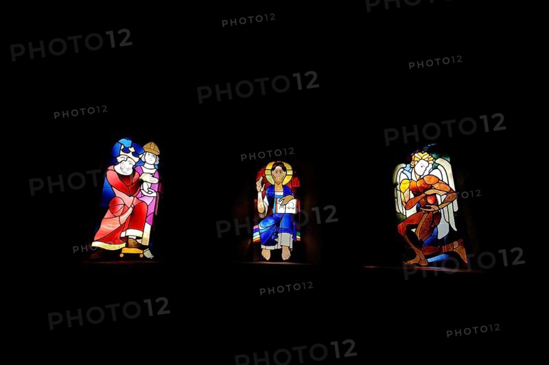 Three colourful church windows with figures in the Ulrich Chapel in the UNESCO Imperial Palace, Goslar, Harz Mountains, Lower Saxony, Germany, Europe