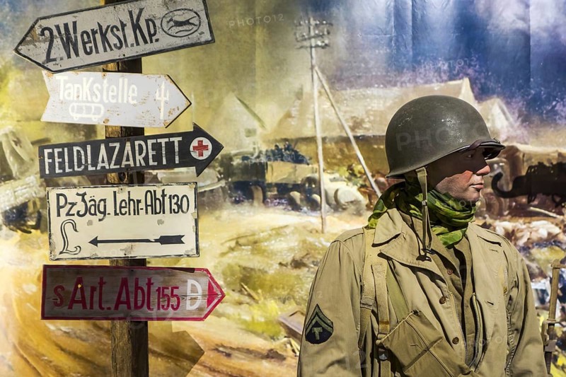 Diorama with American WWII soldier in the Overlord Museum near Omaha Beach about WW2 Allied landing during D-Day, Colleville-sur-Mer, Normandy, France, Europe