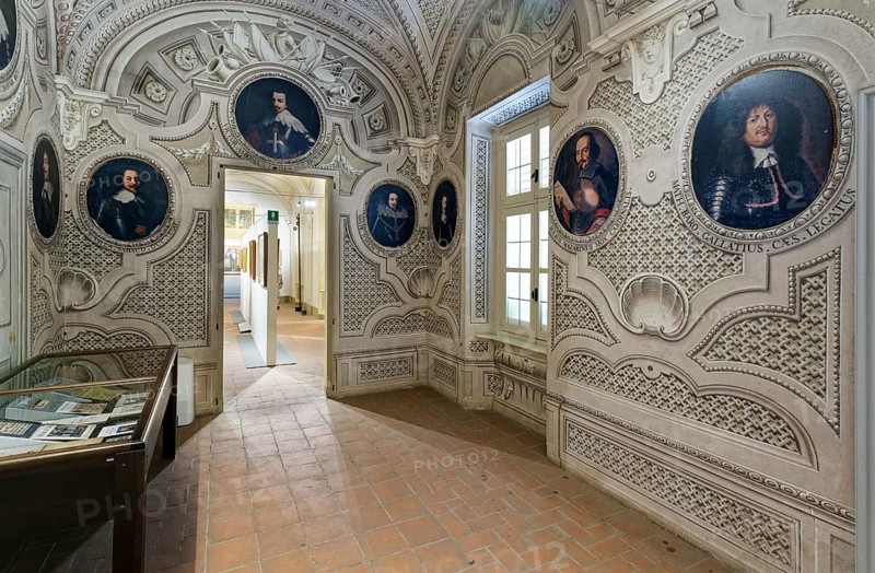 Exhibition room, Palazzo Salmatoris also Palazzo della Pace, Baroque, Cherasco, Province of Cuneo, Langhe, Piedmont, Italy, Europe