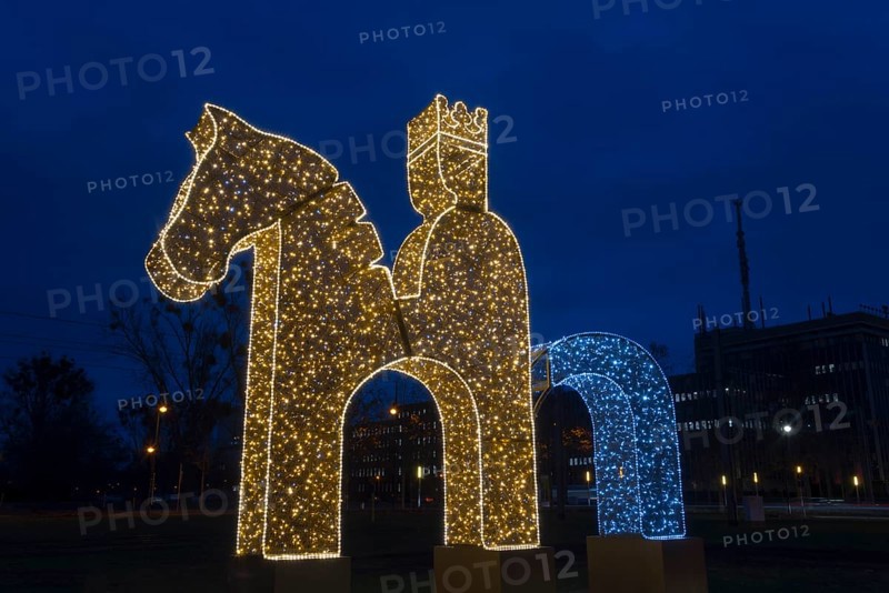 Germany's first emperor Otto the Great on his horse, world of lights, University Square, Magdeburg, most extensive Christmas and winter illumination in Central Germany, Saxony-Anhalt, Germany, Europe