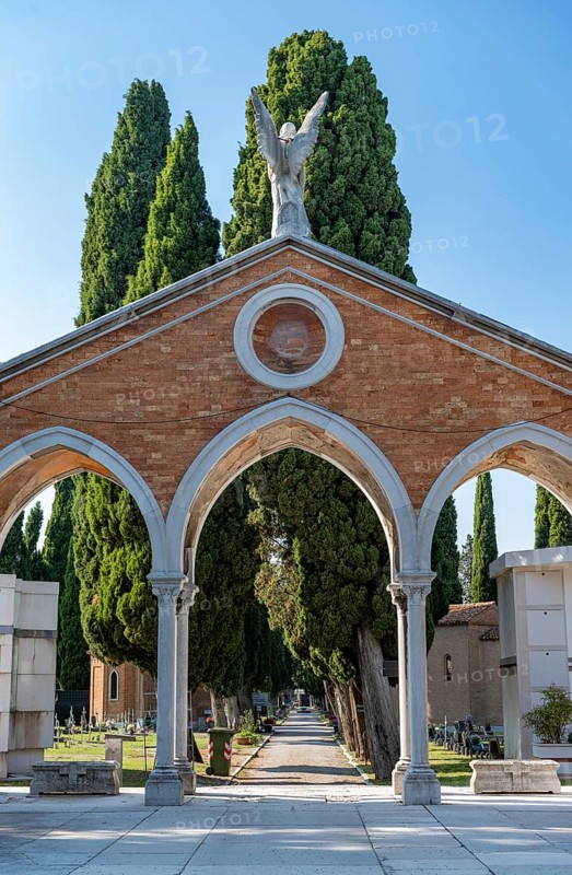 Passage gate and cypress avenue, Venice Central Cemetery, San Michele Cemetery Island, Venice, Italy, Europe
