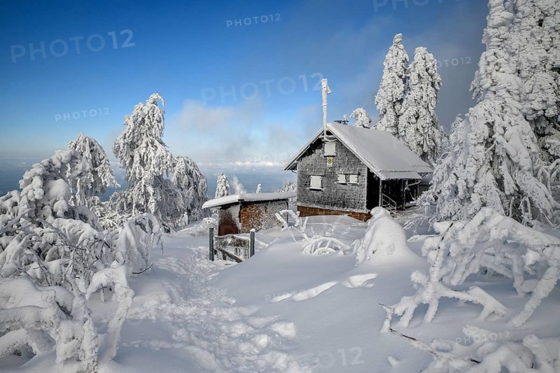 Snowy hut near the Hornisgrinde, near Sasbach, Ortenaukreis, Black Forest, Baden-Württemberg, Germany, Europe