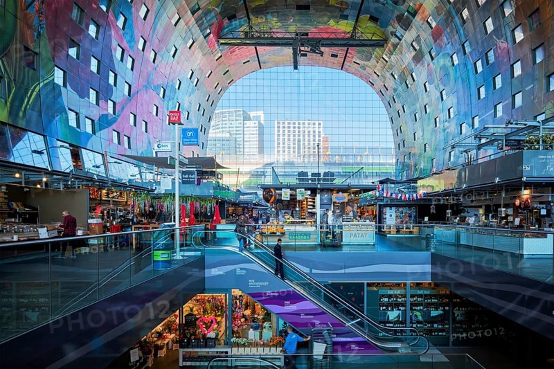 ROTTERDAM, THE NETHERLANDS, MAY 11, 2017: Interior view of the Market Hall (Markthaal) residential and office building with market hall inside designed by famous architects MVRDV