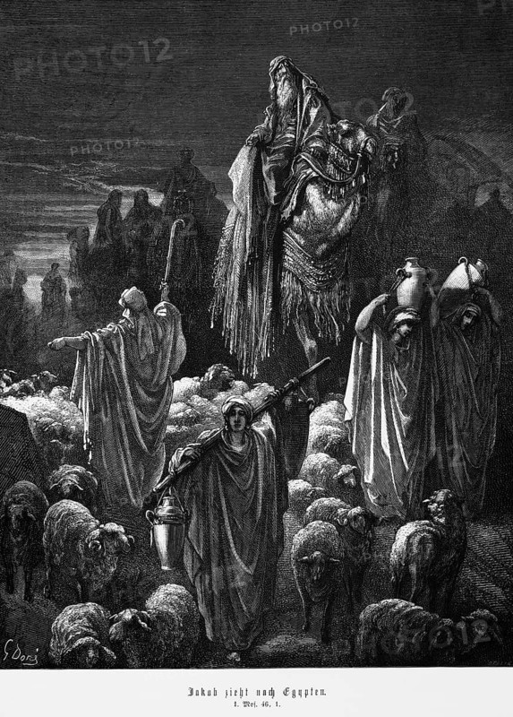 Bible, Jacob goes to Egypt. Genesis 46:1, Egypt, Moses, Old Testament, Genesis, migration, family, group, sheep, woman, men, camels, water jug, historical illustration 1885, Africa