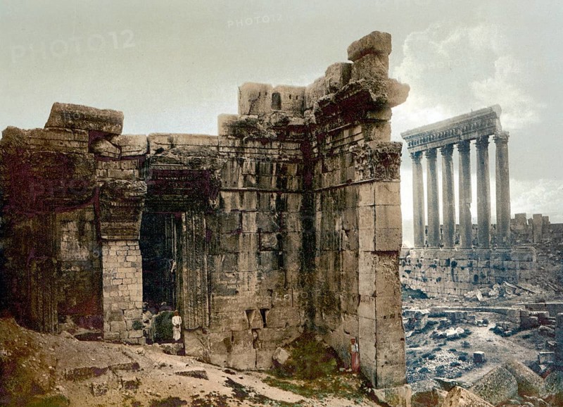 View of two temples, Baalbek, Holy Land, Lebanon, c. 1890, Historic, digitally restored reproduction from a 19th century original, View of two temples, the Holy Land, 1890, Historic, digitally restored reproduction from a 19th century original, Asia