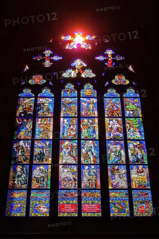 PRAGUE, CZECH REPUBLIC, APRIL 27, 2012: Stained-glass Window designed by famous Czech Art Nouveau painter Alfons Mucha in St. Vitus cathedral in Prague, Czech republic
