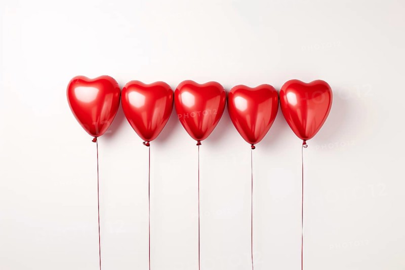 Multiple red heart shaped foil balloons on white background. KI generiert, generiert AI generated