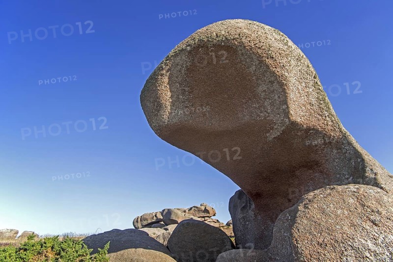 Strange rock formations and water, wind eroded boulders along the Côte de granit rose, Pink Granite Coast, Côtes d'Armor, Brittany, France, Europe