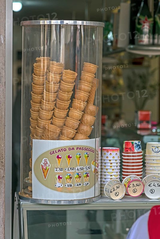 Ice cream cones and cups at an ice cream parlour, Genoa, Italy, Europe