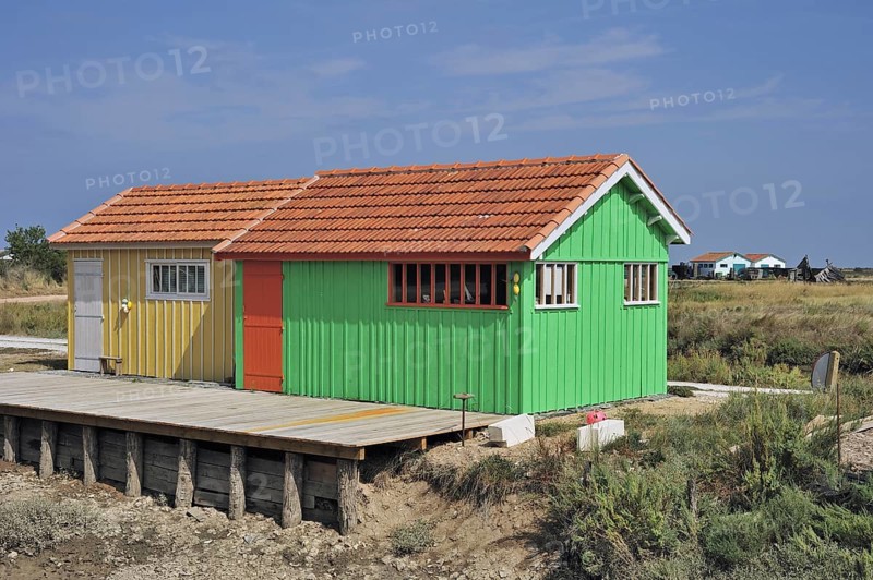Colourful cabins of oyster farm at la Baudissière near Dolus, Saint-Pierre-d'Oléron on the island Ile d'Oléron, Charente-Maritime, France, Europe