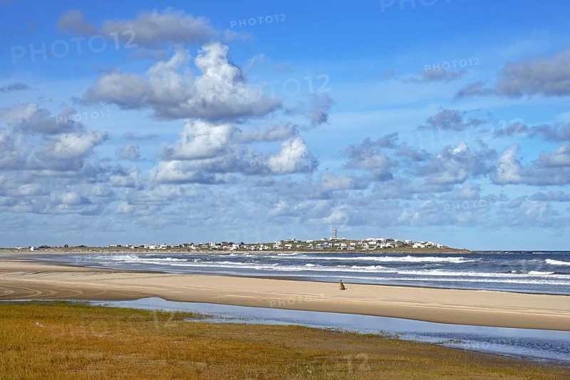View over the beach, lighthouse and village Cabo Polonio along the Atlantic Ocean coast, Rocha Department, Uruguay, South America