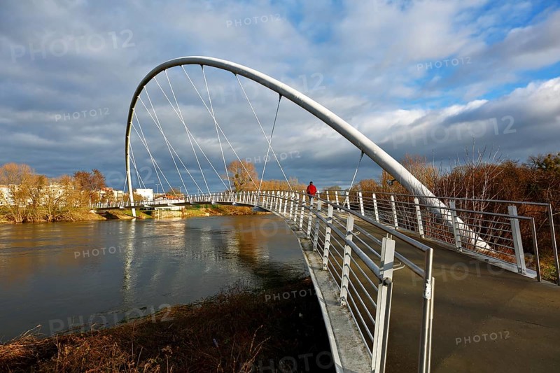 Cantilever pedestrian bridge over the River Mulde near Dessau, arch bridge, modern architecture, Middle Elbe Biosphere Reserve, Dessau-Roßlau, Saxony-Anhalt, Germany, Europe