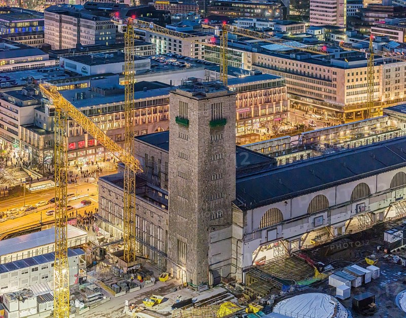Central station, Stuttgart 21 construction site, Bonatz building and station tower. The new through station is being built here. Night shot, aerial view, Stuttgart, Baden-Württemberg, Germany, Europe