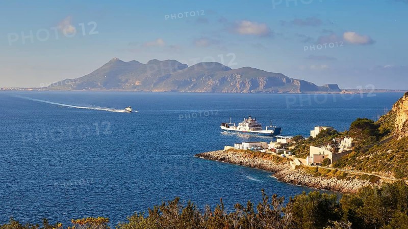 Ship at anchor, hydrofoil, approaching, Levanzo town, Favignana, Levanzo, Egadi Islands, Sicily, Italy, Europe
