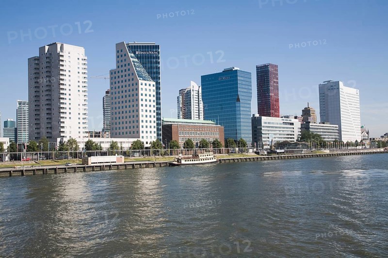 Modern skyscrapers offices and apartments Boompjes area on the northern bank of the River Maas, central Rotterdam, Netherlands