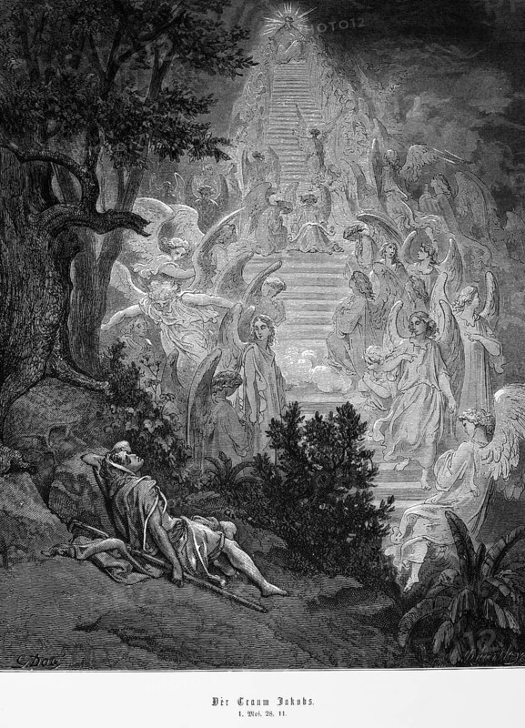 Bible, dream of Jacob, Genesis, 28, 11, Moses, Old Testament, Genesis, ladder between heaven and earth, staircase, path, ascent, descent, angelic host, connection, God, sleeping, dreaming, nature, historical illustration 1885