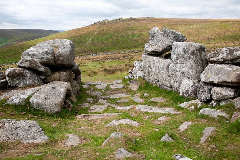 Entrance to the late Bronze age enclosed settlement site of Grimspound, Dartmoor national park, Postbridge, Devon, England, UK