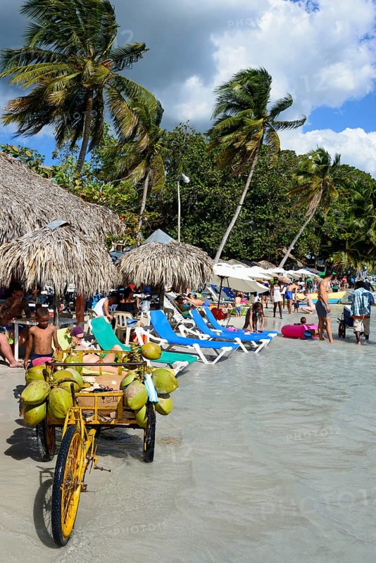 Lively atmosphere on a tropical beach with people looking for relaxation and a fruit seller, coconut seller, Boca Chica, Santo Domingo Province, Dominican Republic, Hispaniola, Caribbean, America, Central America