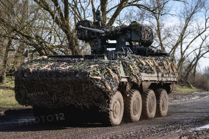 A Pandur wheeled armoured vehicle of the Czech army, photographed as part of the military exercise 'Wettiner Schwert' near Tangermünde, 26.03.2024. 'Wettiner Schwert' is part of the Quadriga exercise of the German Armed Forces and the NATO large-scale manoeuvre Steadtfast Defender 2024
