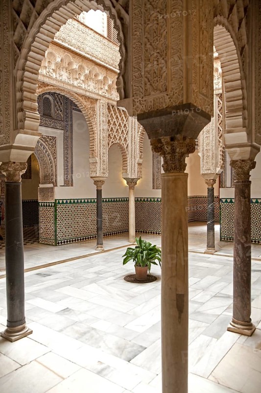 Palace of Pedro First, historic moorish palace interior architecture in the Alcazar, Seville, Spain, Europe