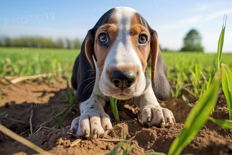 A close-up shot of a playful Basset Hound puppy with floppy ears, exploring the outdoors, AI generated
